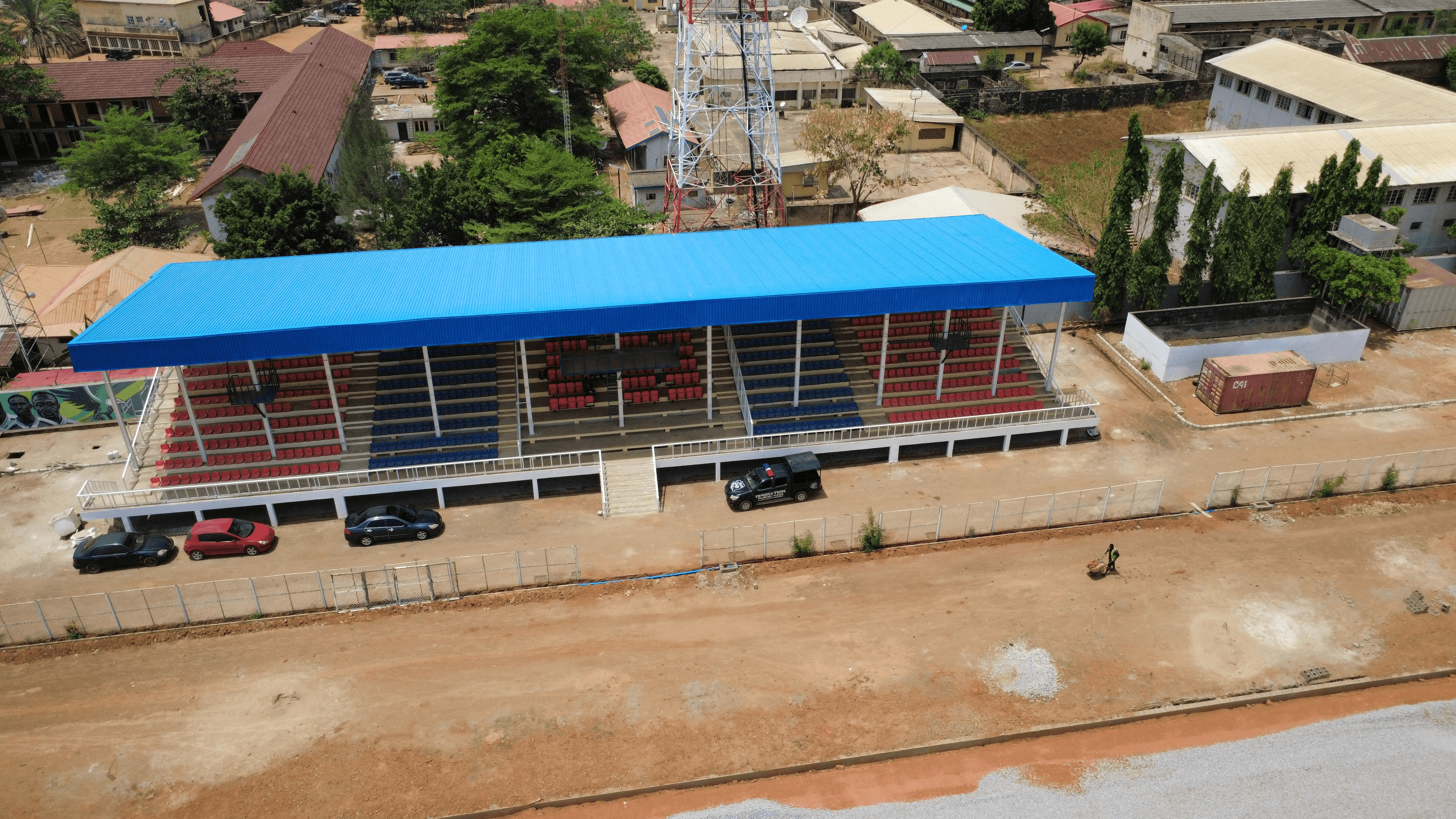 Stadium with blue roof