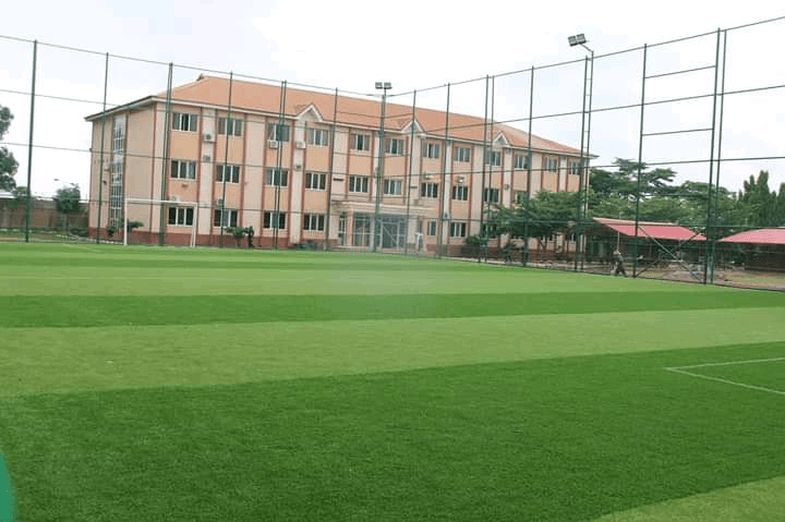 Football pitch with school building